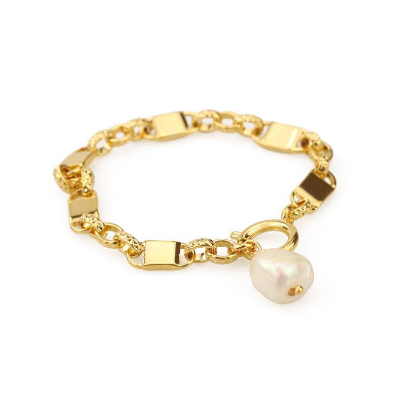 Elegant Gold-Tone Link Bracelet With Pearl Accent