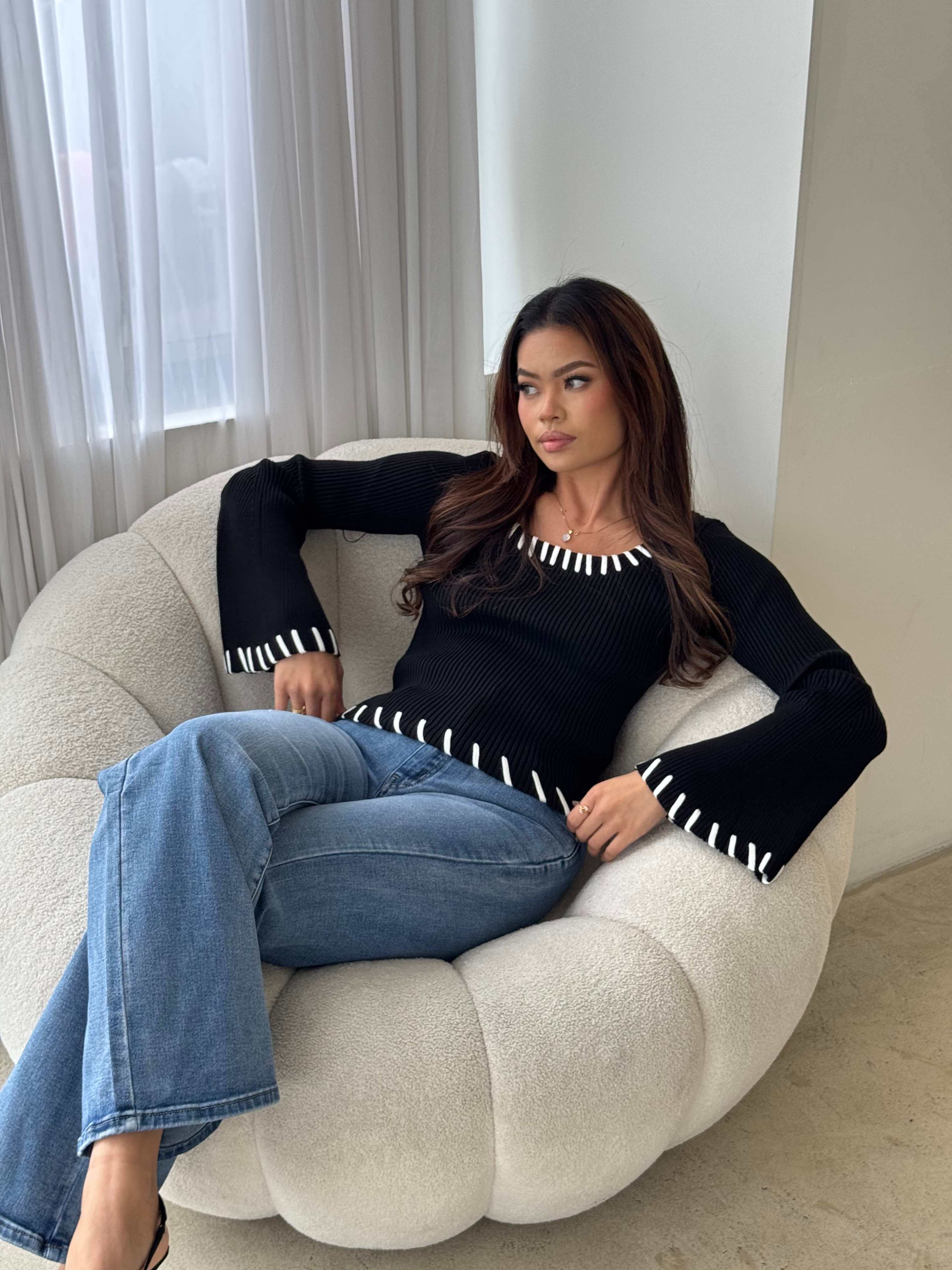 Elegant Black And White Knit Sweater