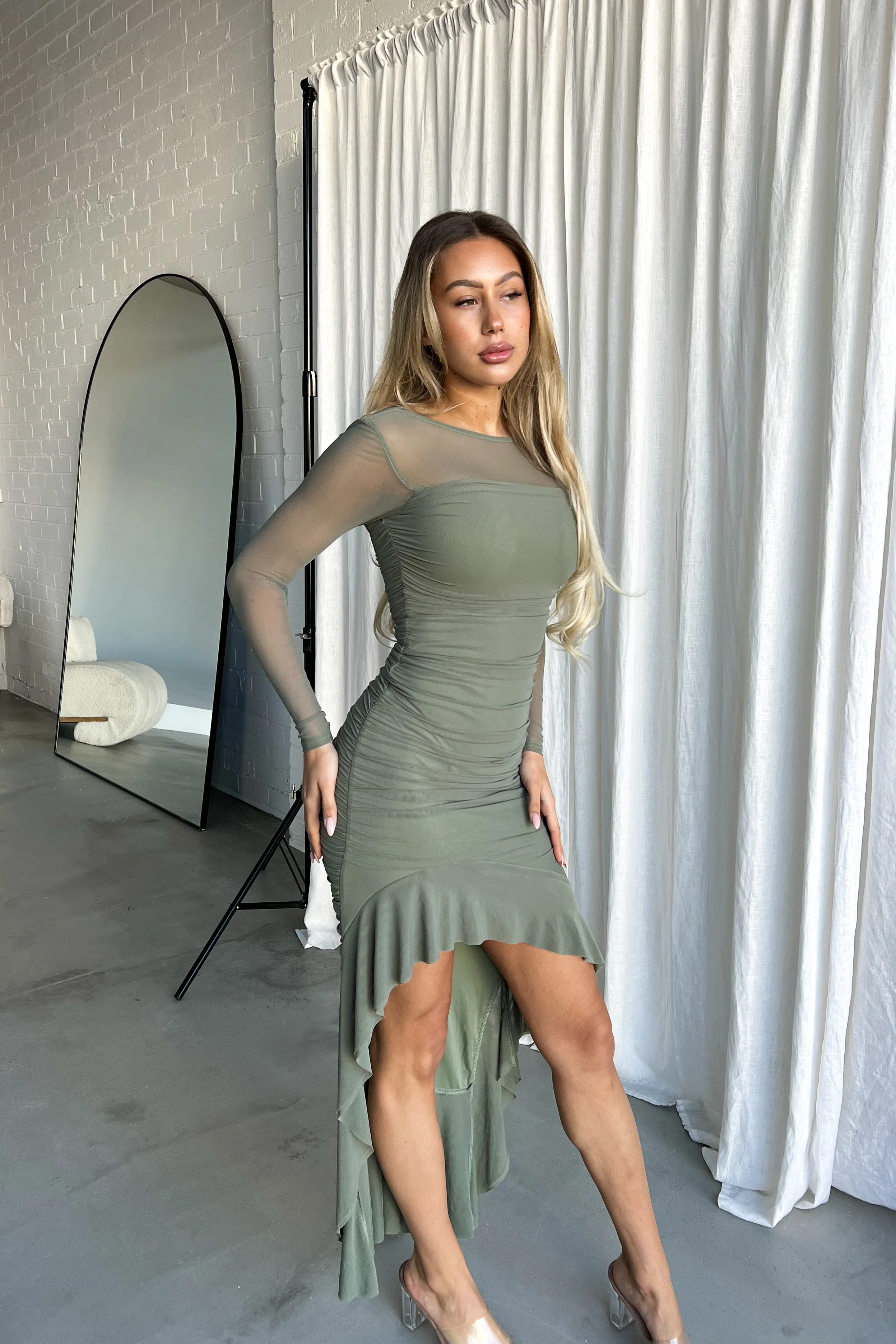 Elegant Olive Long Sleeve Mesh Dress