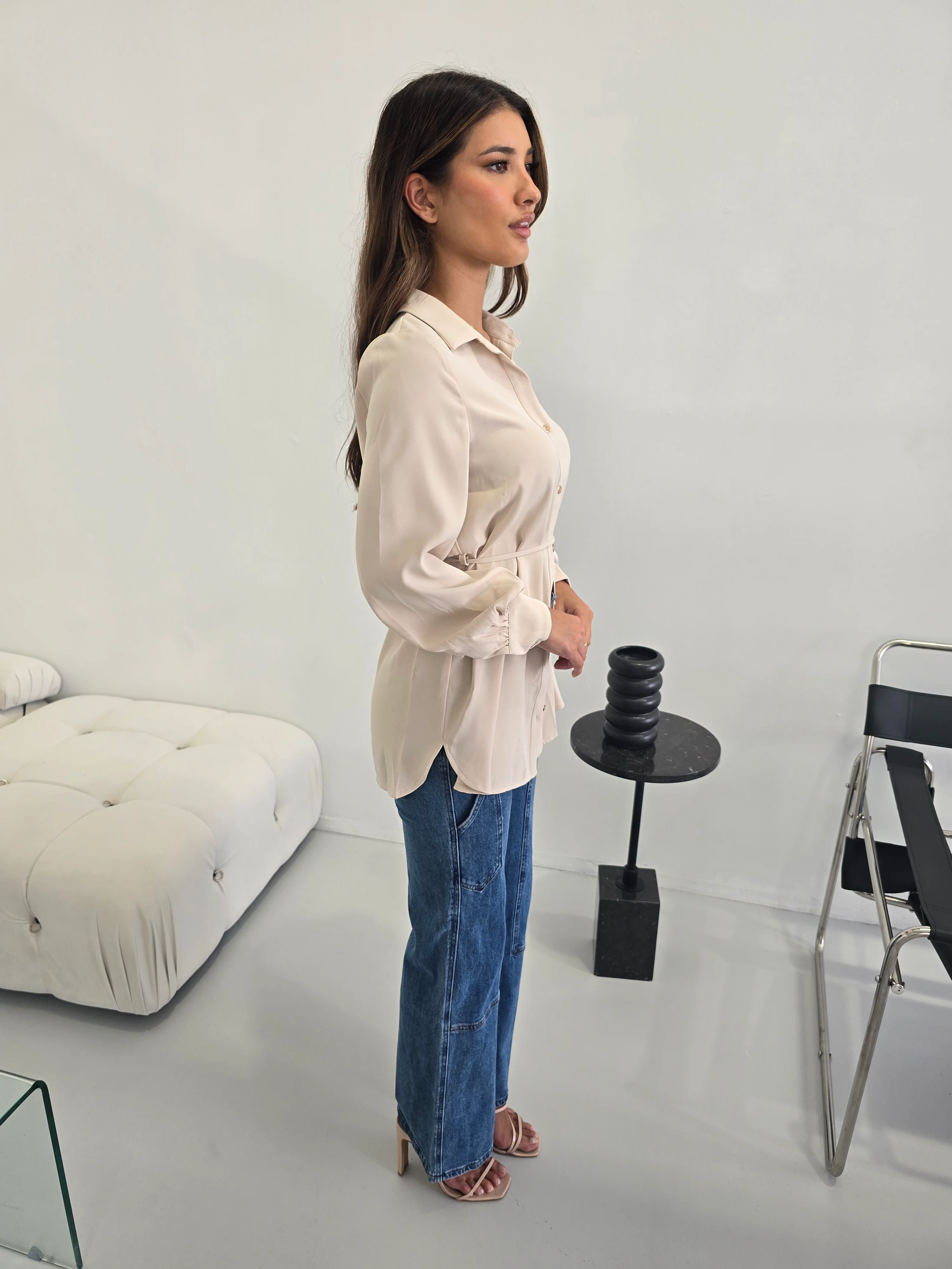 Elegant Beige Button-Up Blouse