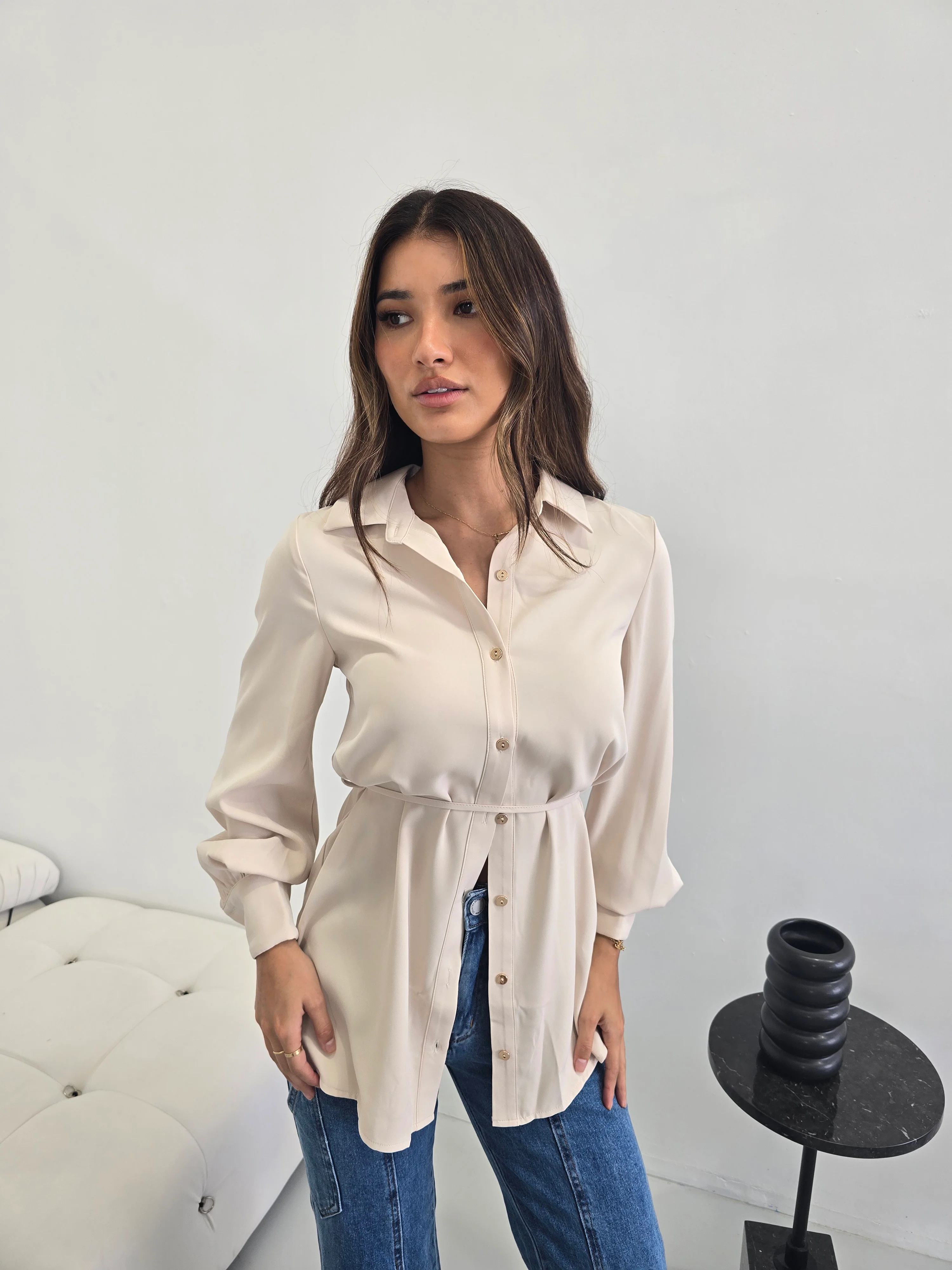 Elegant Beige Button-Up Blouse
