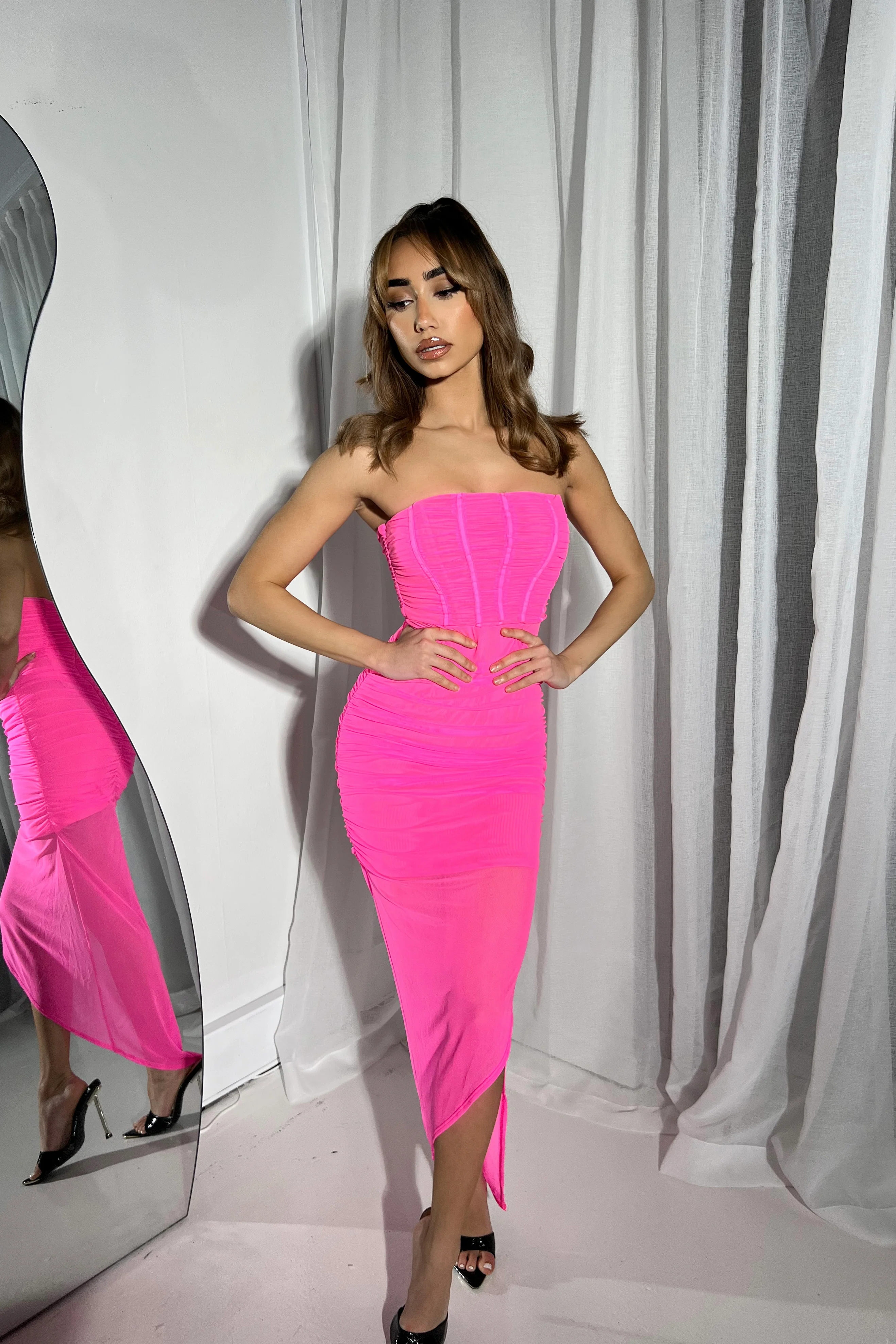 Elegant Neon Pink Strapless Dress