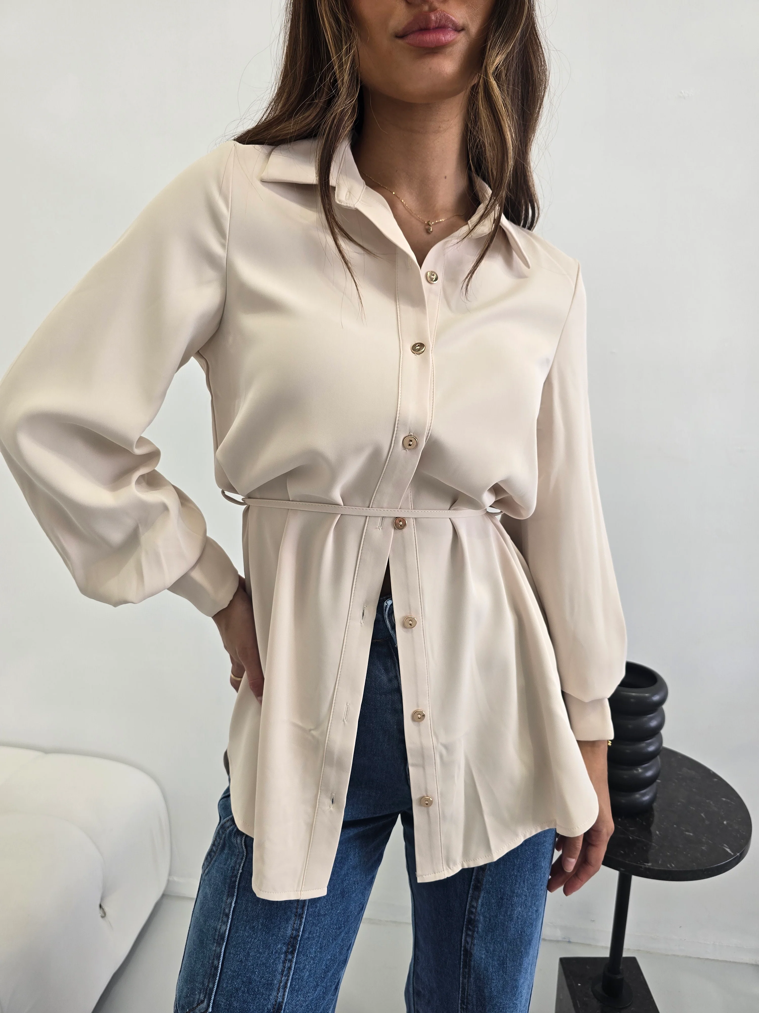 Elegant Beige Button-Up Blouse