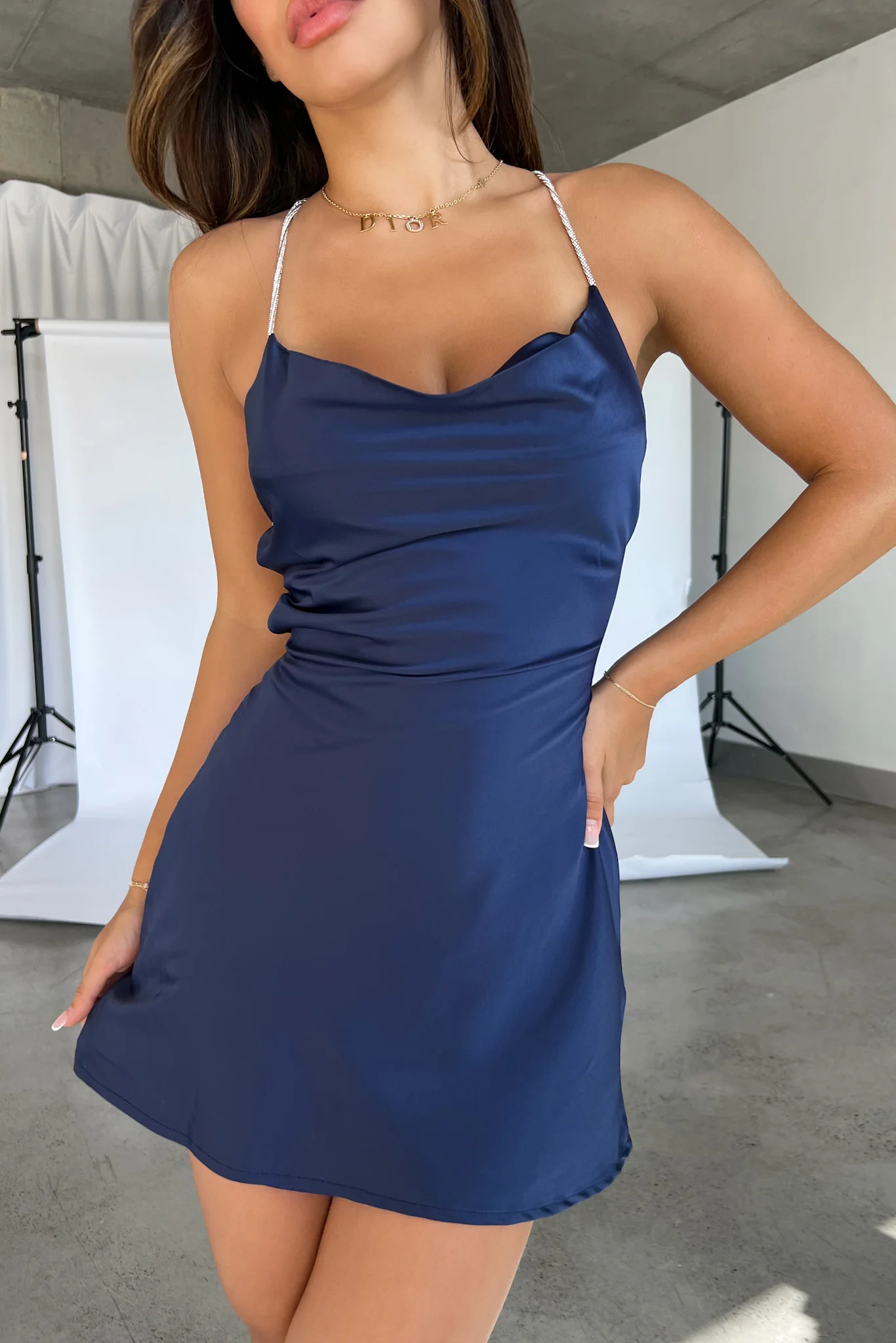 Navy Satin Slip Dress
