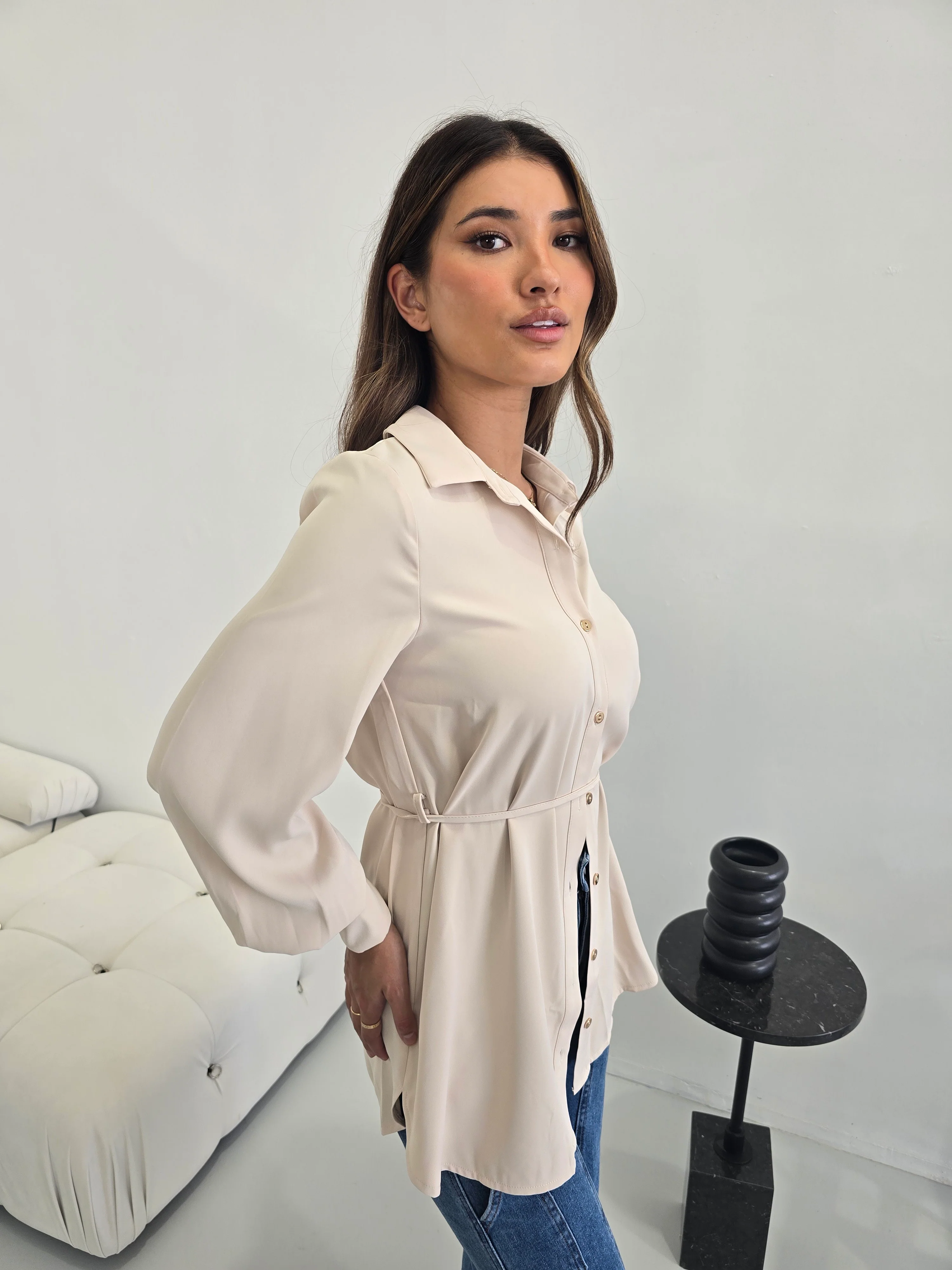 Elegant Beige Button-Up Blouse