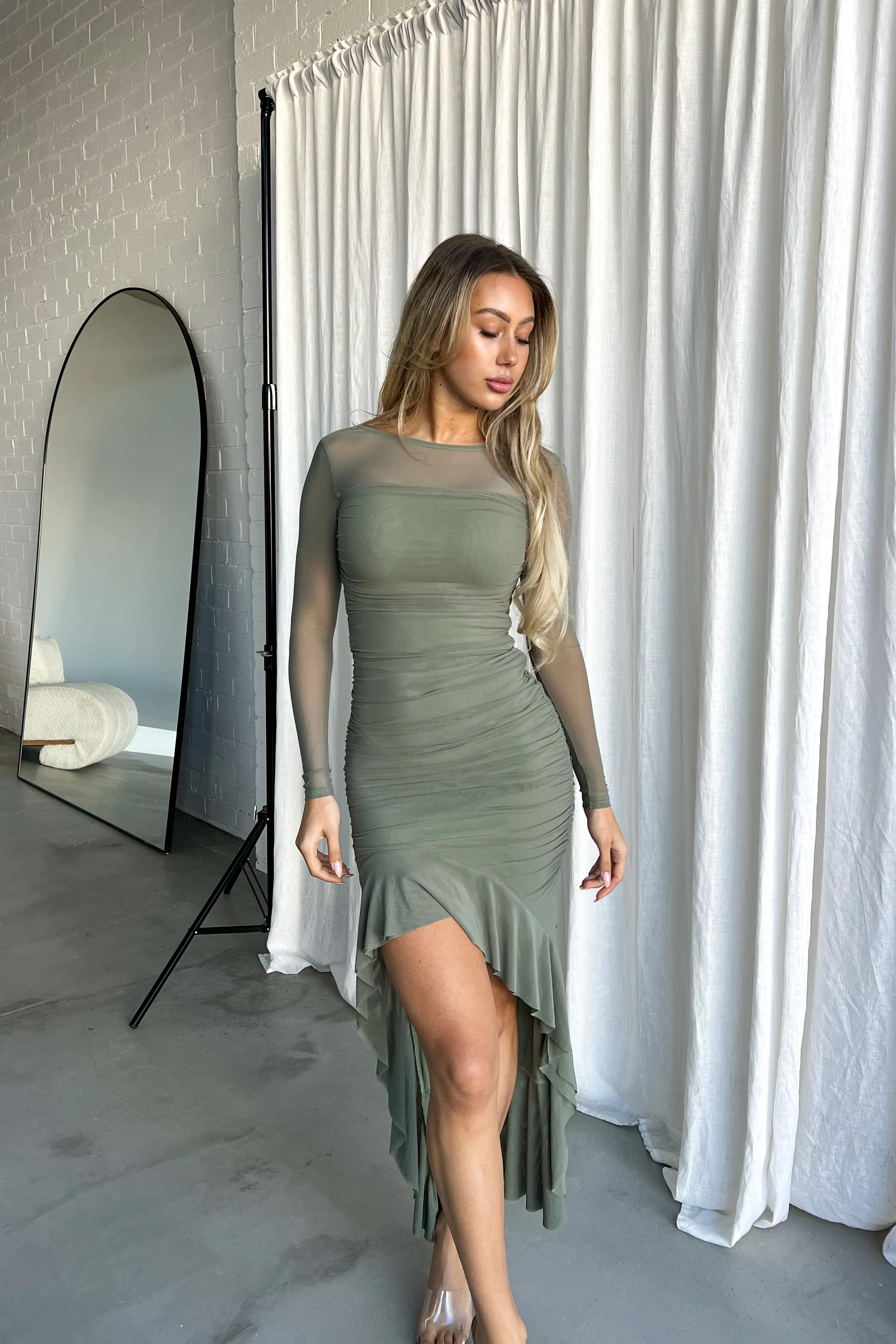 Elegant Olive Long Sleeve Mesh Dress