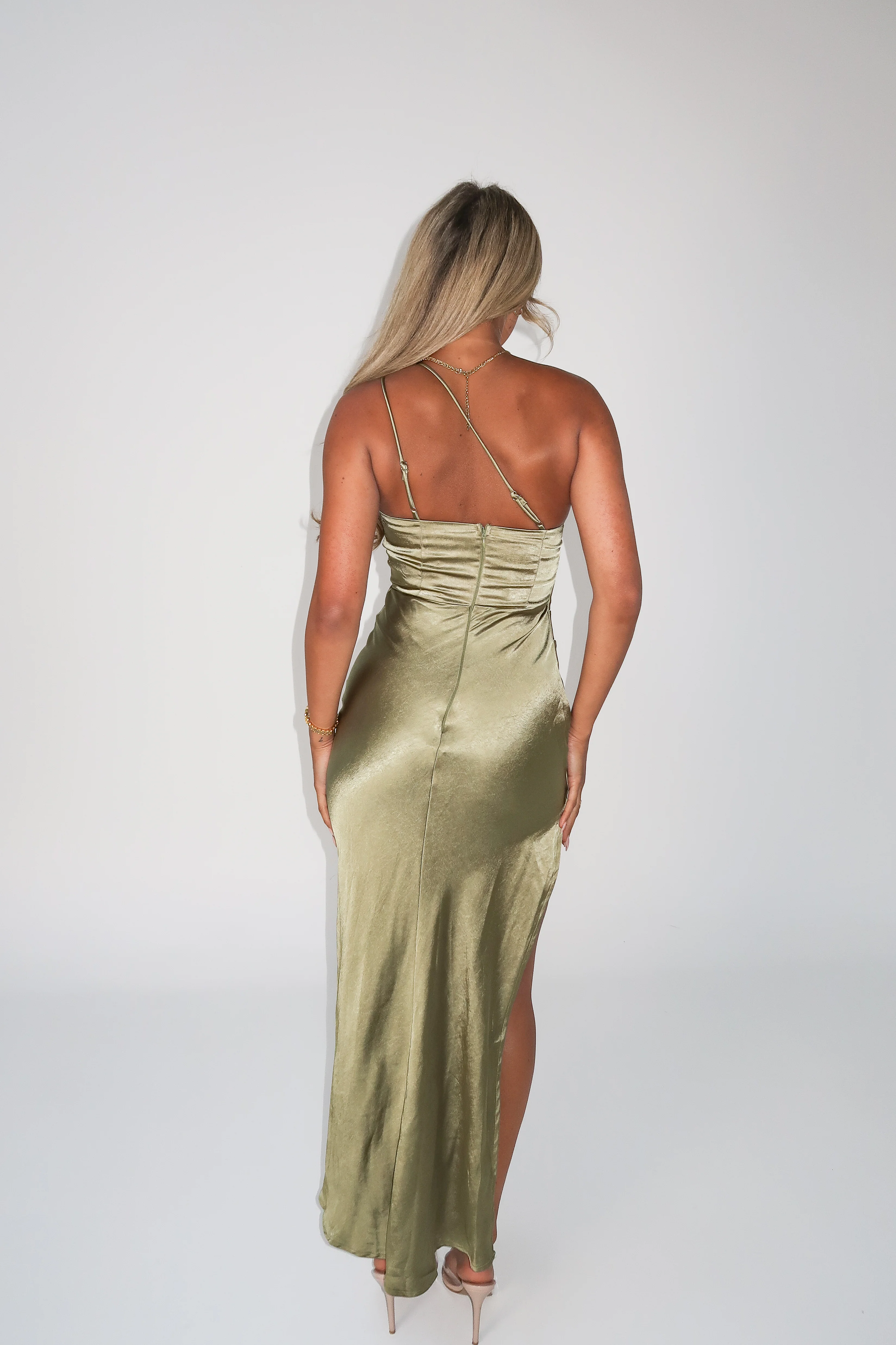 Elegant Olive Satin Asymmetrical Dress